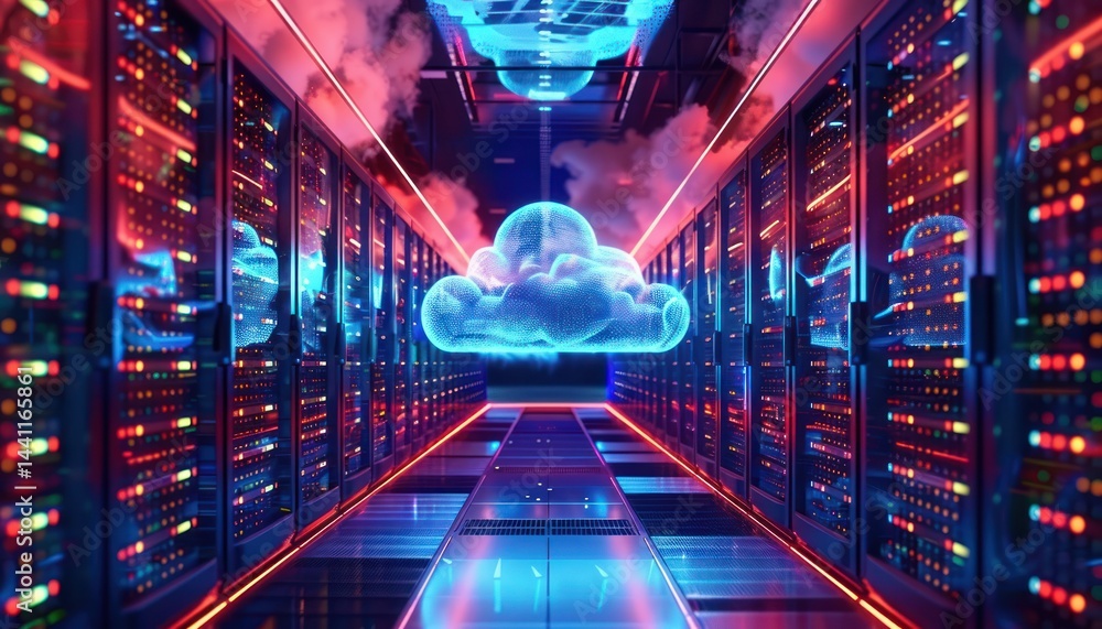 Poster futuristic data center corridor with glowing server racks and a holographic digital cloud floating i