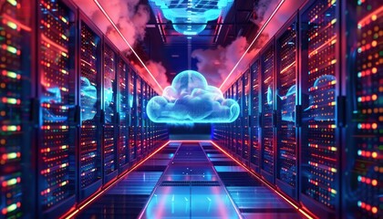 futuristic data center corridor with glowing server racks and a holographic digital cloud floating in the center emitting neon blue and red lighting conveying advanced technology and innovation