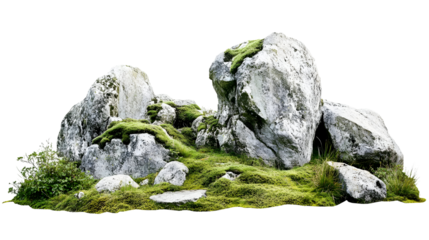 Tranquil rock arrangement adorned with vibrant moss and natural flora