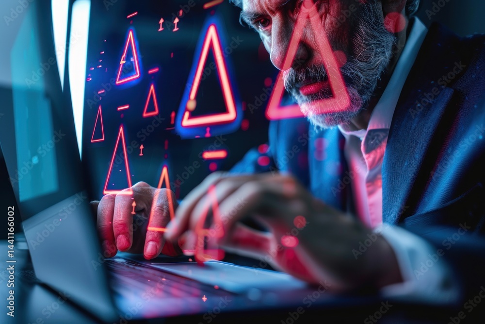 Poster man in business suit working on laptop with red futuristic triangle and data graphics overlay in dar
