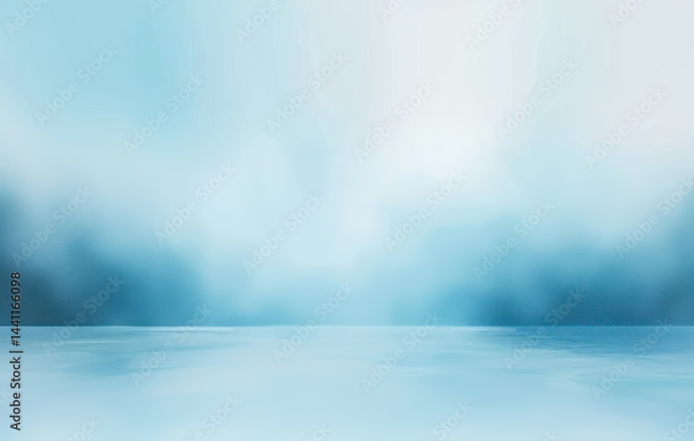 Poster calm and serene blue gradient background with a smooth reflective surface and soft blurred light tra