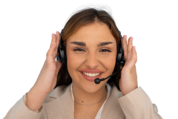 Cheerful female call center agent wearing headset with transparent background