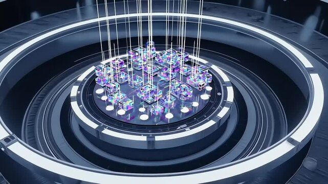 Futuristic quantum computing lab with glowing processors and intricate machinery in a high-tech environment