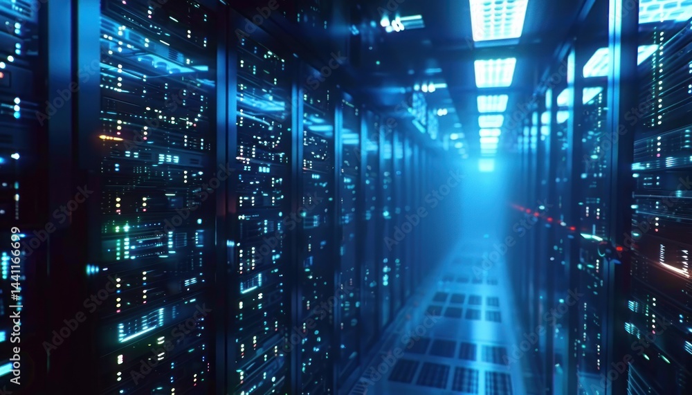 Poster long corridor of a futuristic data center with rows of illuminated server racks emitting blue light,