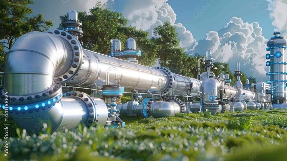 Poster shiny futuristic metallic pipelines with glowing blue lights running through green grass under a par