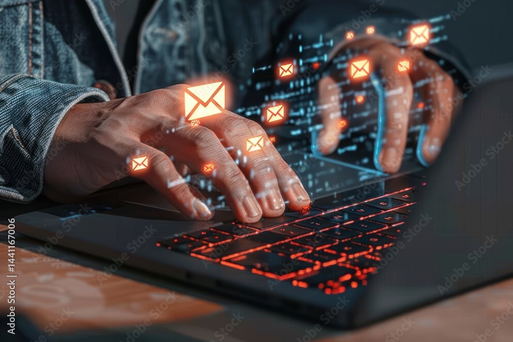 Poster close-up of hands typing on a laptop with glowing red keyboard and floating email icons symbolizing 