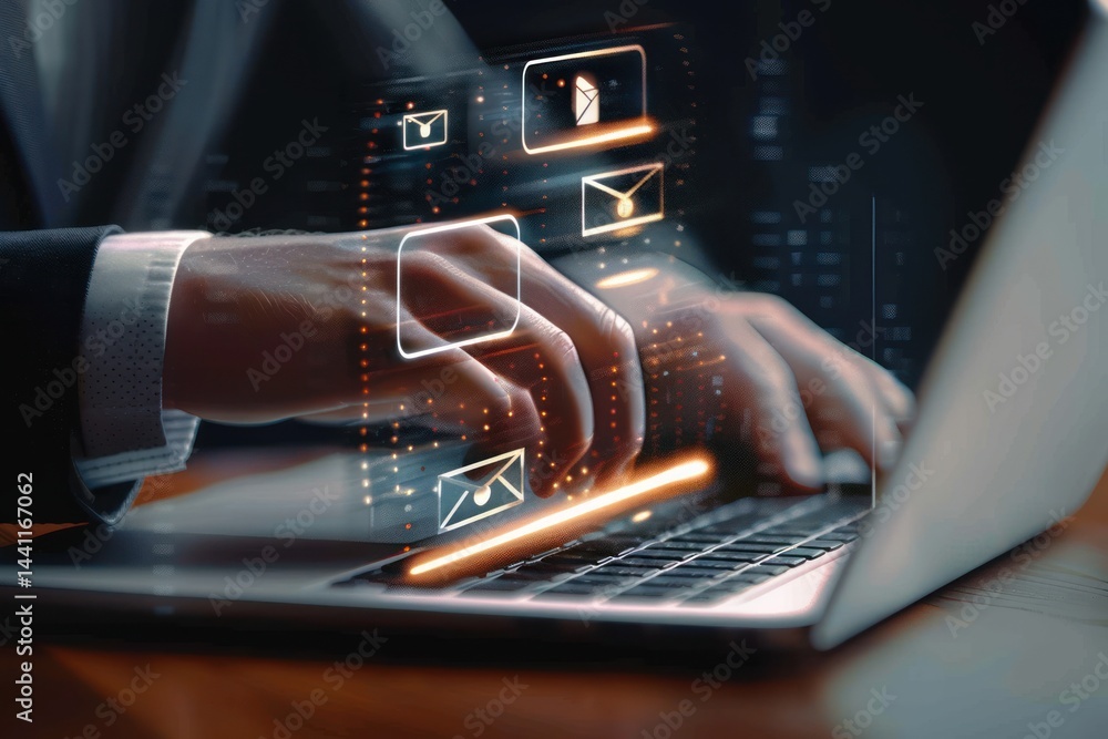 Poster close-up of hands typing on a laptop keyboard with glowing digital email icons floating above, conve