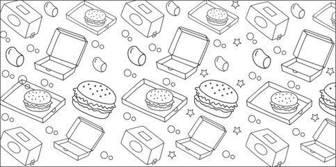 Fast Food, Pattern, Doodle burgers fries drinks with laptop icons seamless repeating restaurant snack theme wallpaper wrapping paper textile decorative background vector illustration line art