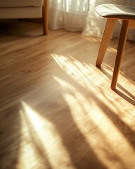 Sunlight and Shadows on Light Oak Wood Floor with Wooden Stool