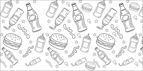 food,doodle,pattern flat line art seamless pattern background illustration of various hand drawn fast food and drinks sketch