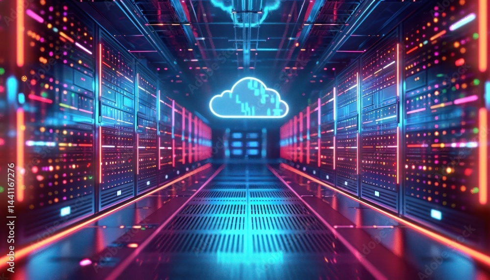 Aufkleber futuristic data center corridor with illuminated server racks and glowing digital cloud icon at the 