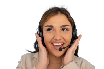 Fototapeta premium Young female telemarketer wearing headset and smiling with a transparent background