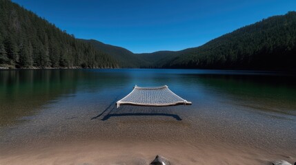 Tranquil lake scene with floating hammock