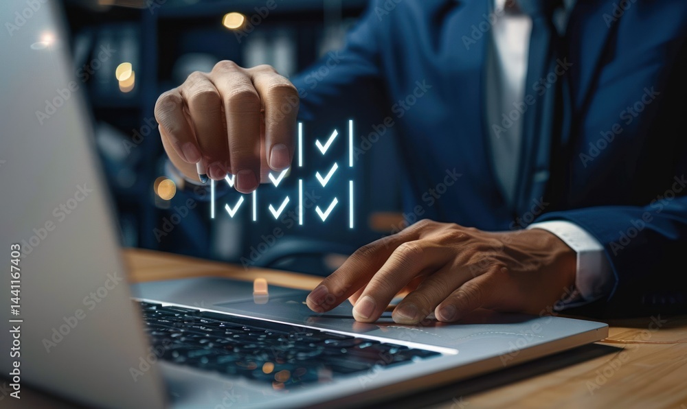 Poster businessman in suit interacting with holographic checkmarks above laptop keyboard symbolizing task c