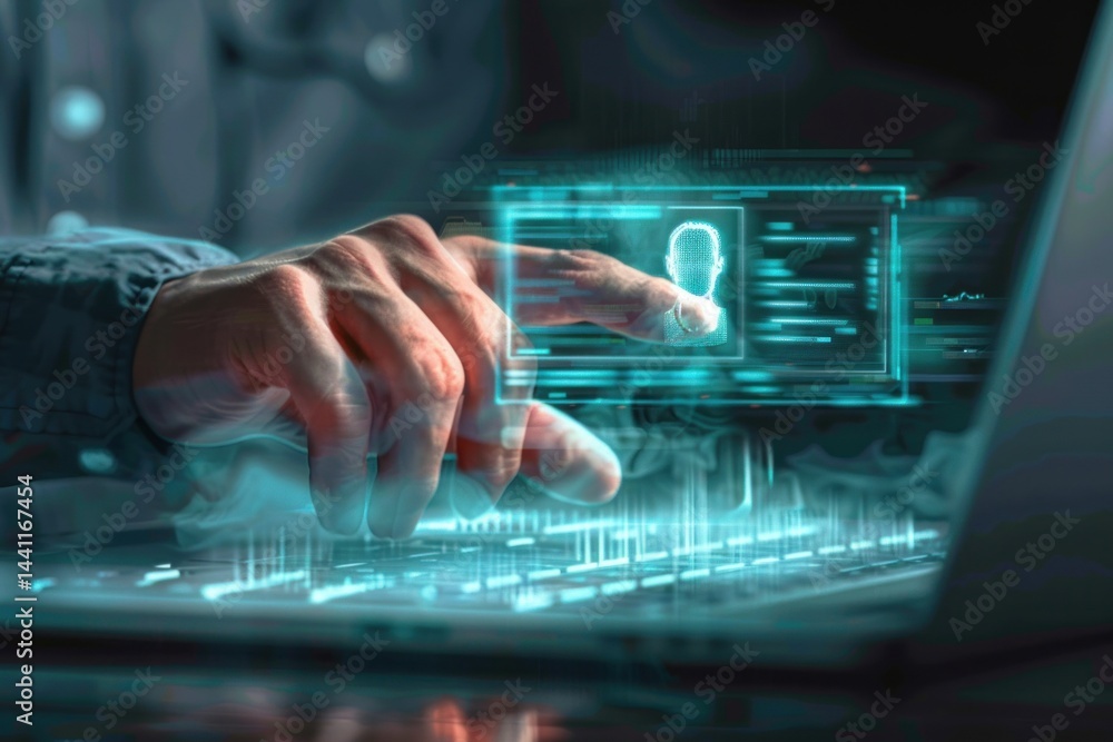 Poster close-up of a hand interacting with a futuristic transparent holographic interface above a laptop ke