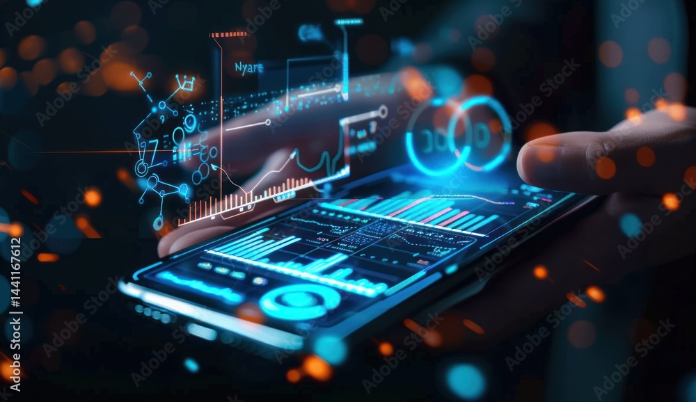 Poster hand holding smartphone displaying futuristic digital data with holographic graphs and charts glowin