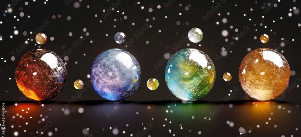 Poster four large glossy spheres with textured colorful patterns and smaller spheres floating above them ag