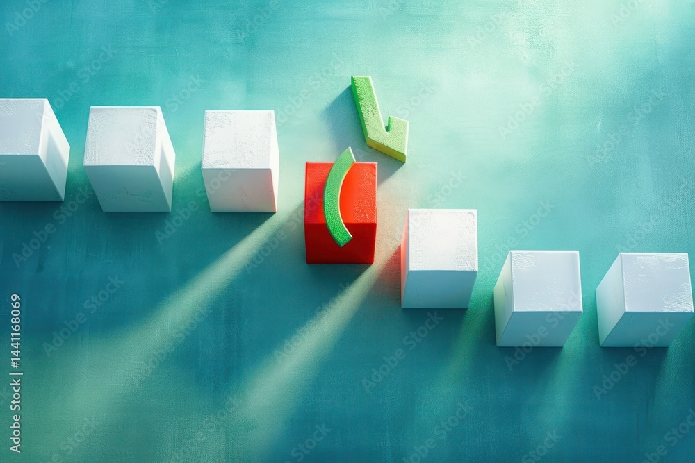 Poster a single red cube among white cubes with two green curved shapes on top casting long shadows on a gr