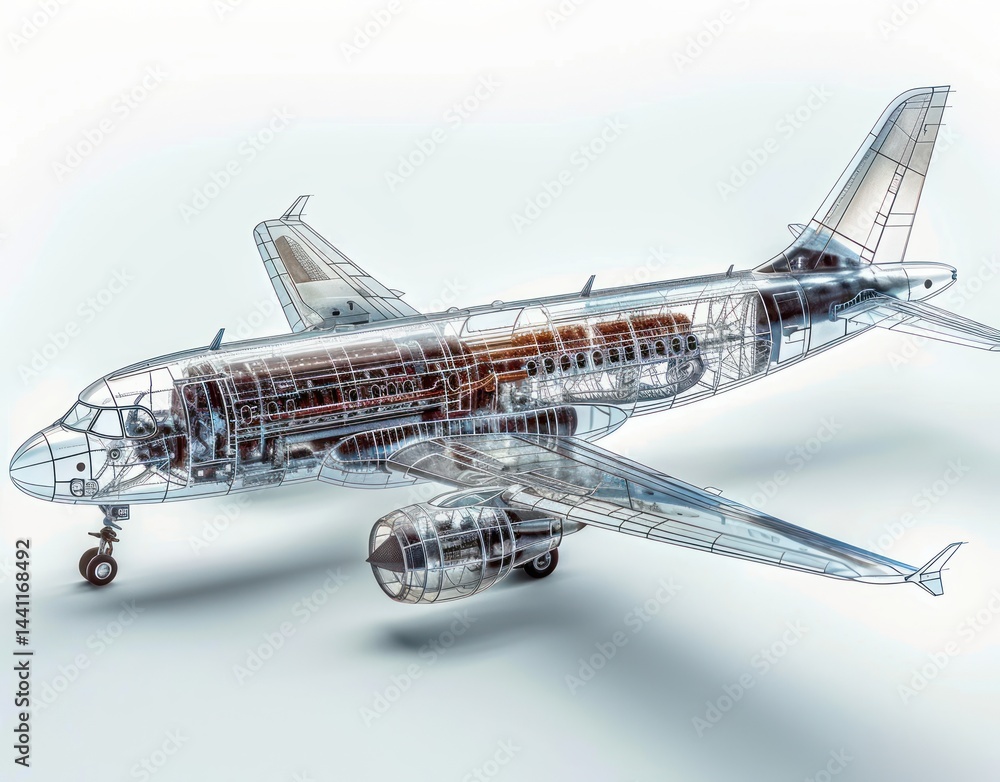 Poster transparent 3d airplane model showing internal mechanical and structural components in detailed wire