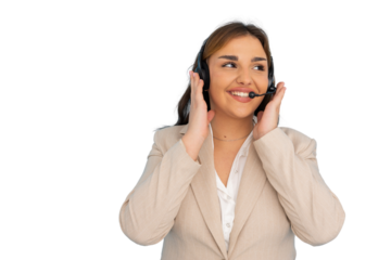 Cheerful female call center agent wearing headset and touching headphones, isolated on transparent background
