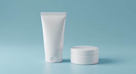 Minimalist Product Display: White Cream Tube and Jar on Blue Background