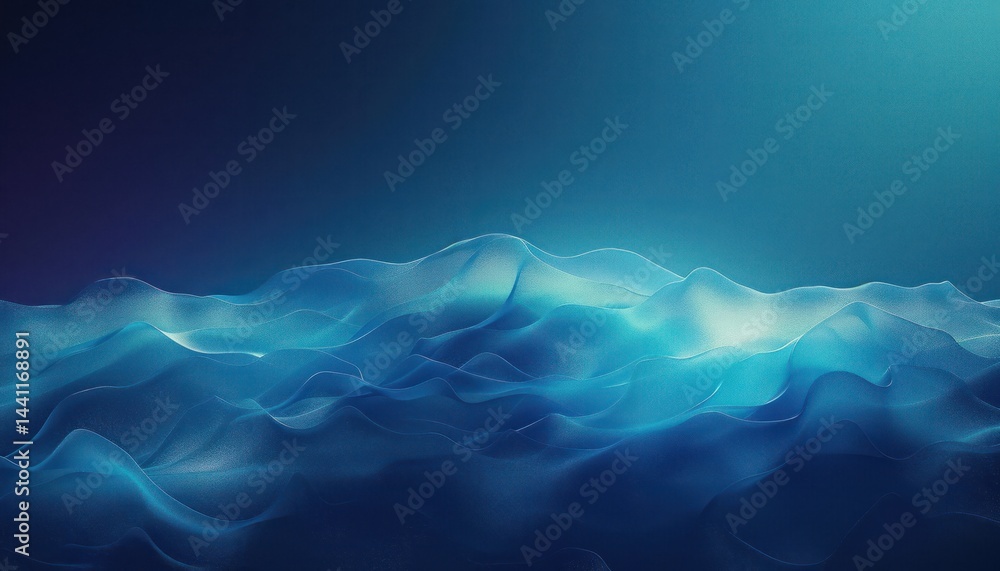 Poster abstract blue waves or flowing fabric shapes with soft glowing highlights on dark gradient backgroun