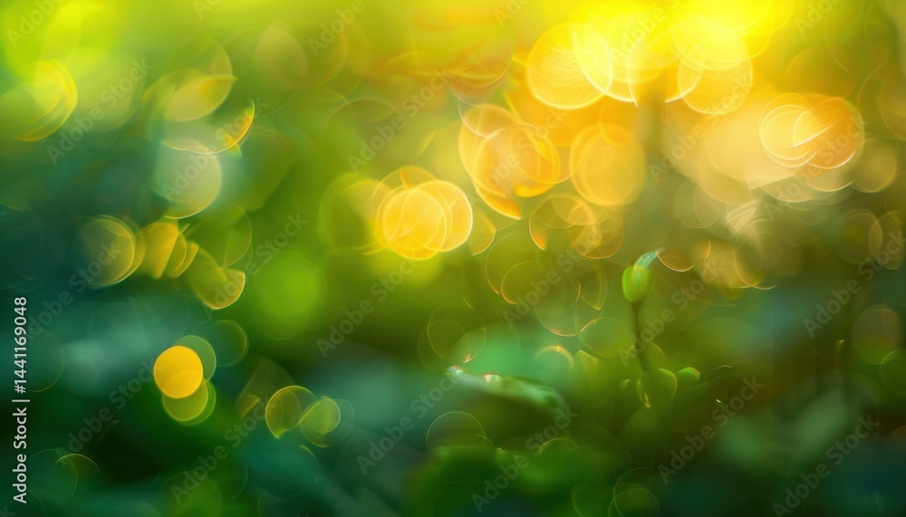 Poster soft glowing yellow and green bokeh light with blurred nature background creating a peaceful and dre