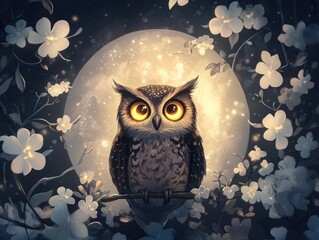 Owl sitting on a branch, staring with glowing eyes, against the moon, and flowering plants