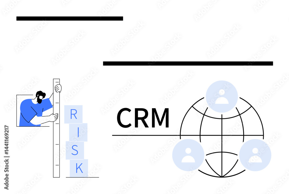 Poster person analyzing risk blocks alongside crm and a globe with user icons. ideal for risk management, c