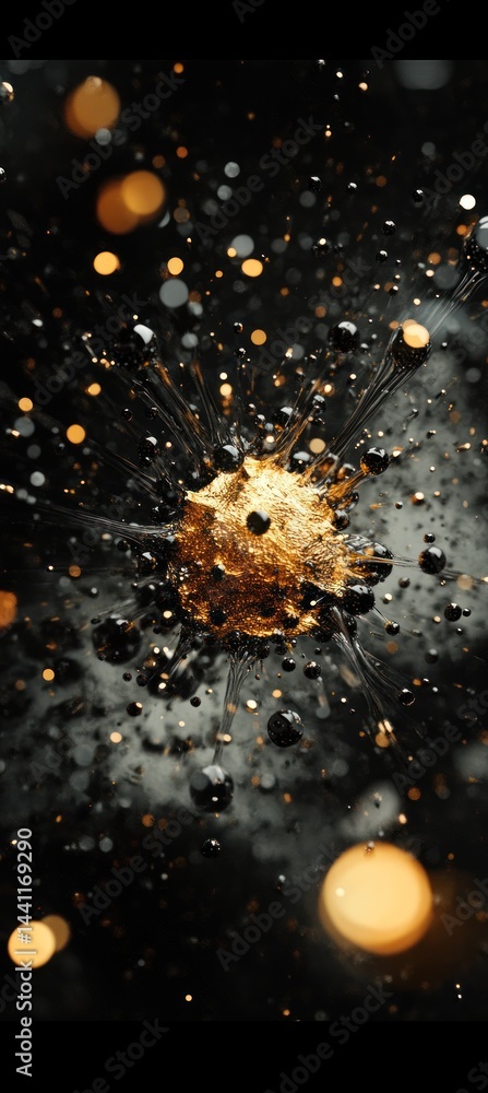 Poster abstract golden explosion in a dark space, with bokeh lights in the background for artistic use