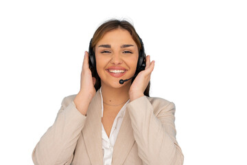 Cheerful female call center agent wearing headset with transparent background