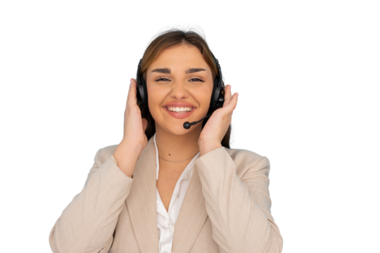 Cheerful female call center agent wearing headset with transparent background