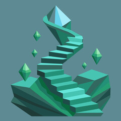 Low polygonal stairs lead up through rocks to a lush green island, creating a serene and natural landscape.