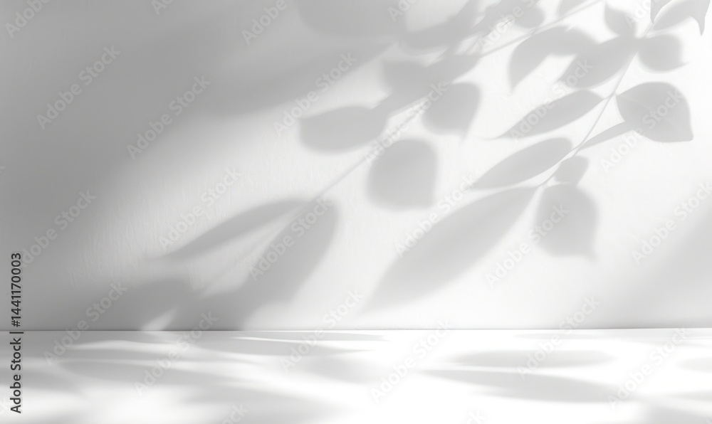 Poster soft natural light casting gentle leafy shadows on white wall and surface creating calm and minimal 
