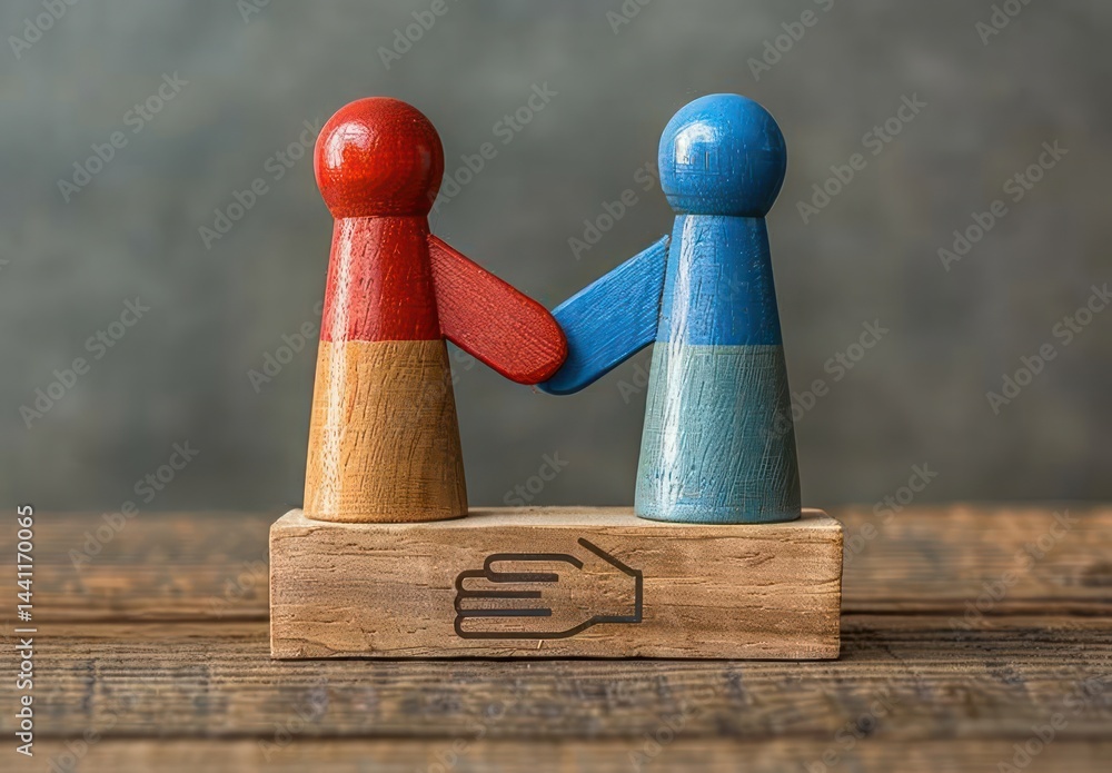 Poster two colorful wooden figurines shaking hands symbolizing cooperation and unity on a wooden block with
