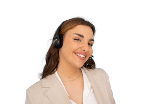 Friendly female call center agent smiling while wearing a headset, isolated on transparent background
