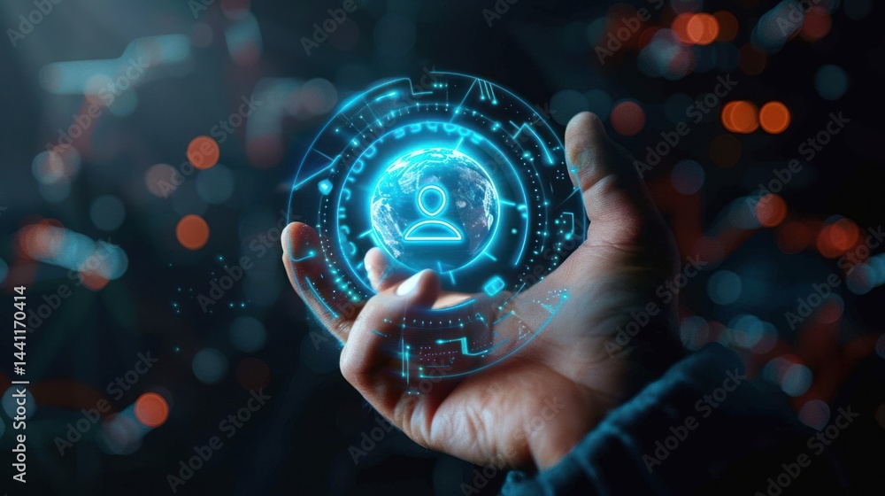 Poster hand holding a glowing blue digital hologram of a user icon surrounded by futuristic circular interf