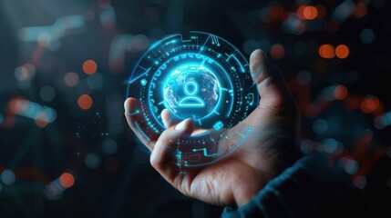 hand holding a glowing blue digital hologram of a user icon surrounded by futuristic circular interface elements in a dark blurred environment, conveying technology and connectivity