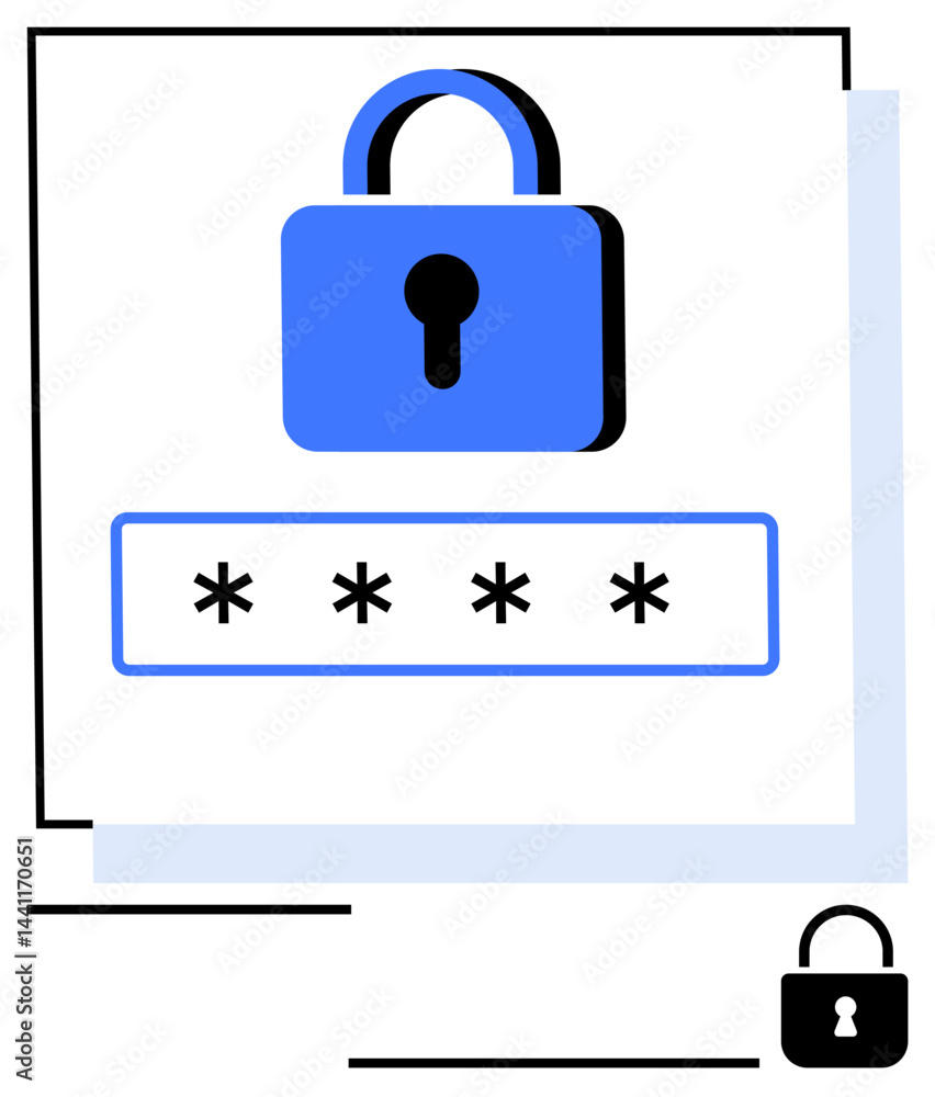 Poster blue padlock above password field with masked characters emphasizes digital protection. ideal for cy