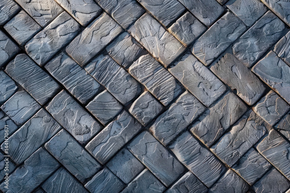 Poster close-up view of textured blue-gray rectangular bricks arranged in a diagonal herringbone pattern wi