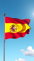 Spain's iconic red-yellow flag waves powerfully in HD detail, showcasing its royal coat of arms under perfect sunlight. Ideal for patriotic displays and educational media.