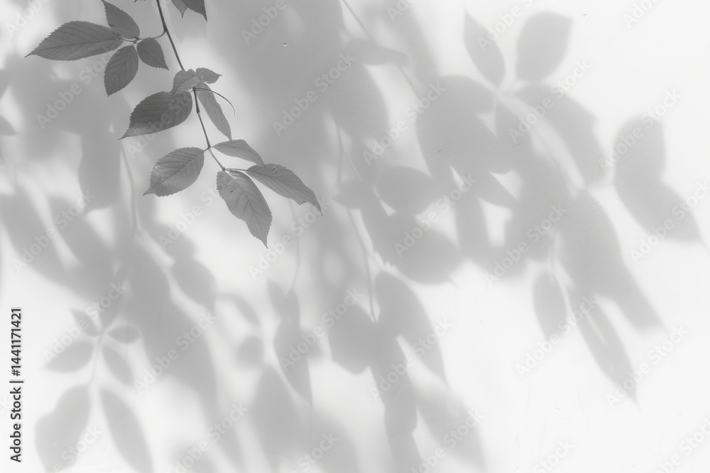 Poster delicate branches with leaves casting soft shadows on a white background evoking calm and serenity