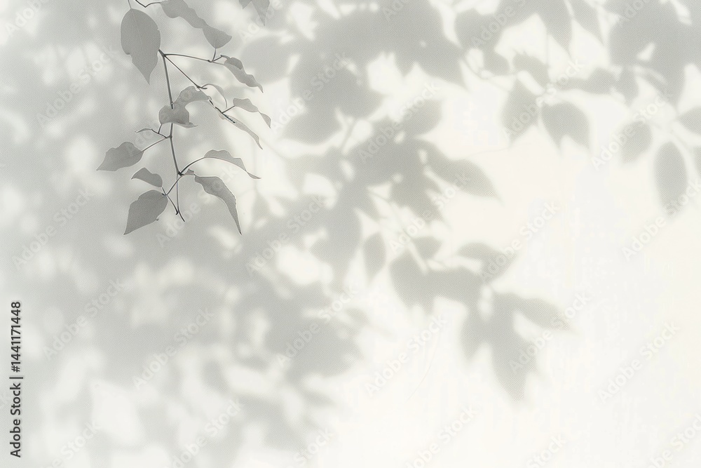 Poster soft shadows of delicate hanging leaves cast on a smooth light-colored wall creating a calm and sere