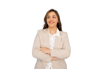 Professional female executive crossing arms confidently, smirking beside transparent workspace background