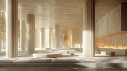 Bright, airy hall. Pillars, wooden accents, & warmth