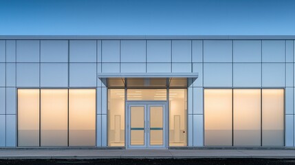 Naklejka premium Building's modern facade, glass door, and serene blue sky