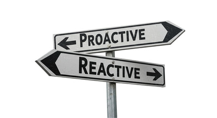 A signpost with proactive and reactive pointing in opposite directions against a black background hand draw element design icon