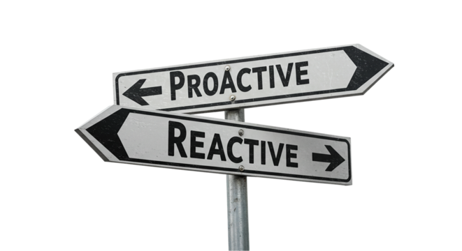 A signpost with proactive and reactive pointing in opposite directions against a black background hand draw element design icon