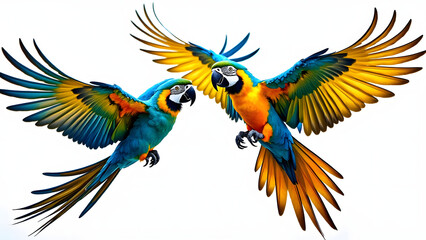 Fototapeta premium Two vibrant macaw parrots with vivid rainbow plumage flying with spread wings, showcasing bright blue, yellow, and green feathers in motion