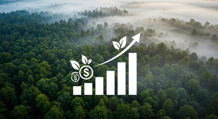 Entrepreneurship, startup, corporate aerial view of a dense forest with an upward trending graph overlaid indicating economic growth and sustainability